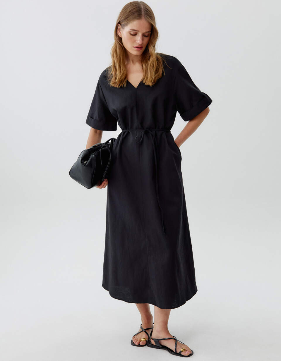 Платье миди из смесовой вискозы с хлопком и льна