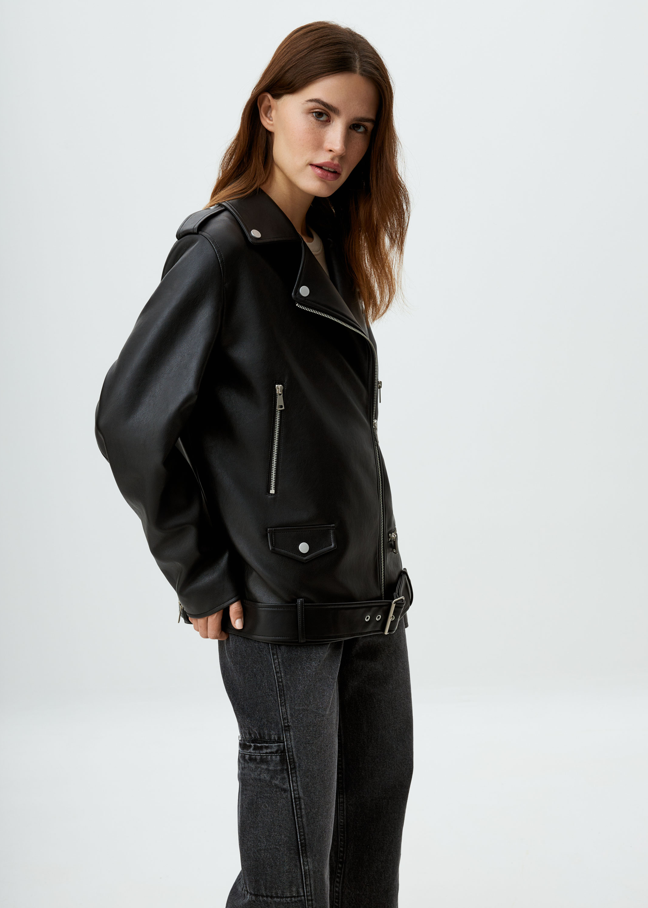 Удлиненная куртка-косуха оверсайз цвет: черный, артикул