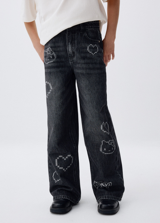 Джинсы Wide leg с принтом Hello Kitty для девочек
