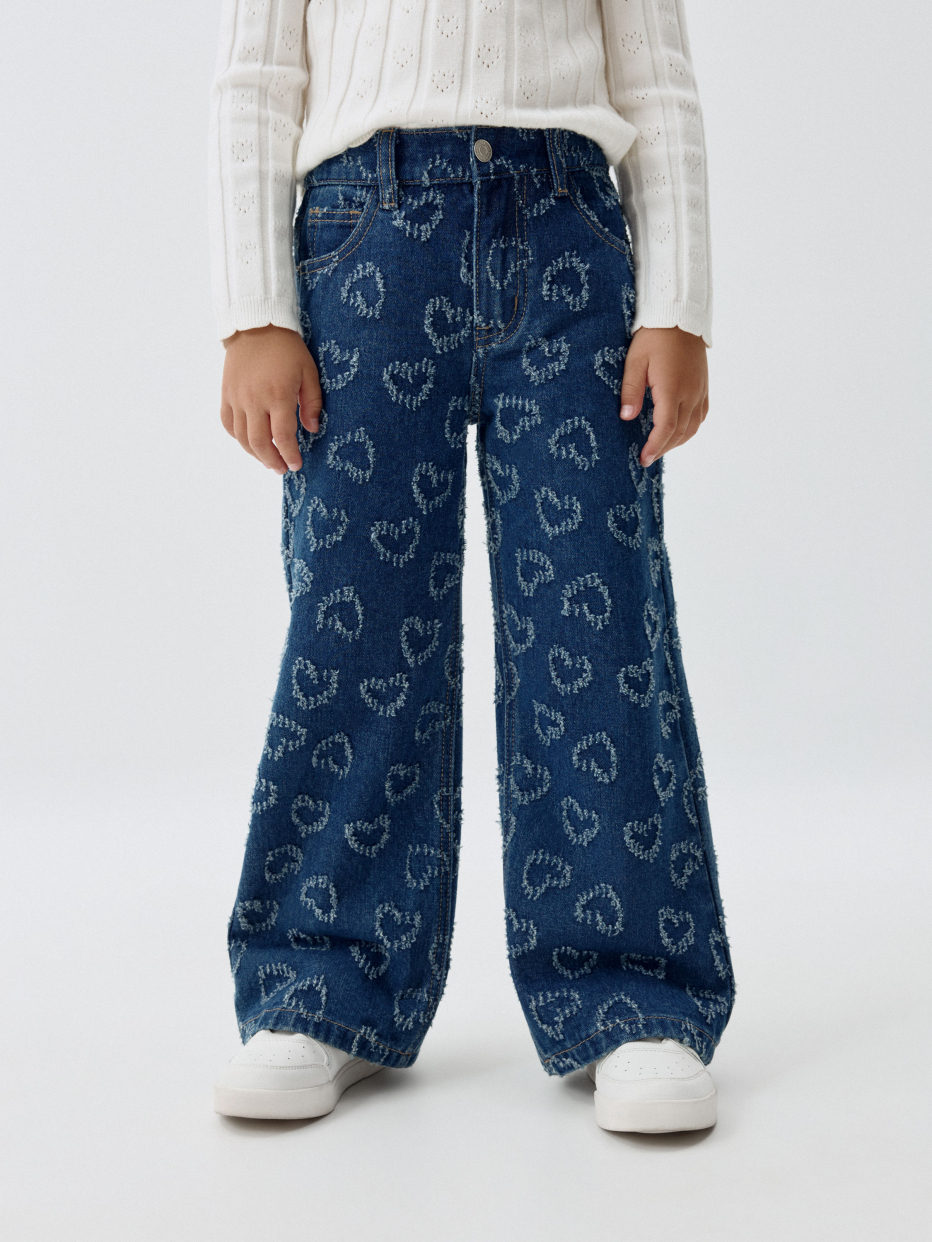 Джинсы Wide leg с перфорацией в виде сердец для девочек, фото - 2