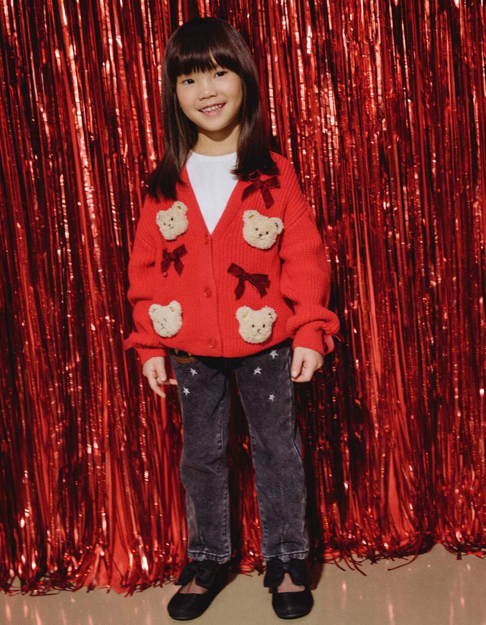 Джинсы Paperbag fit с блестящим принтом для девочек