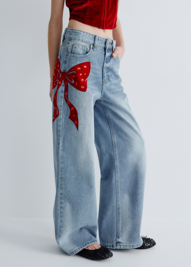 Джинсы Wide leg с бантом со стразами для девочек