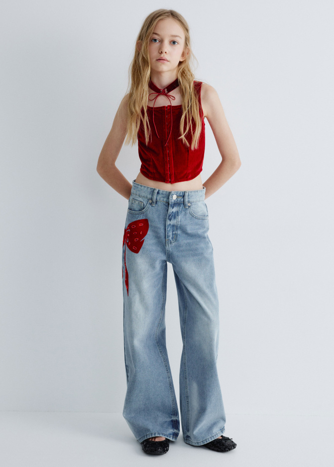 Джинсы Wide leg с бантом со стразами для девочек