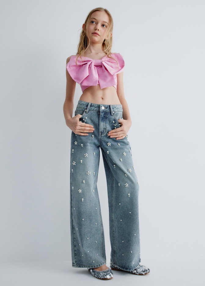 Джинсы Loose fit с жемчужным декором для девочек