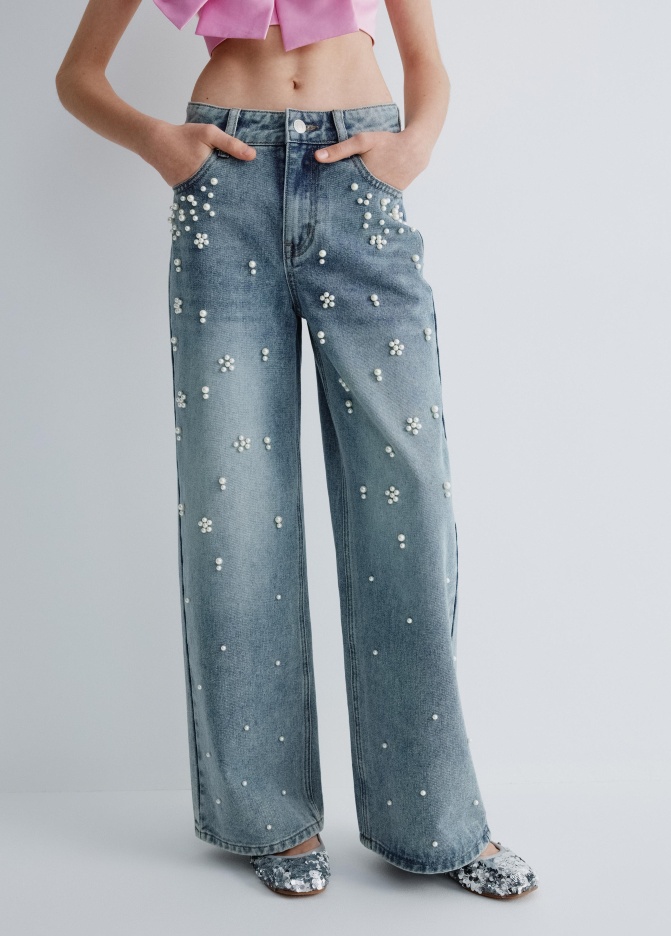 Джинсы Loose fit с жемчужным декором для девочек