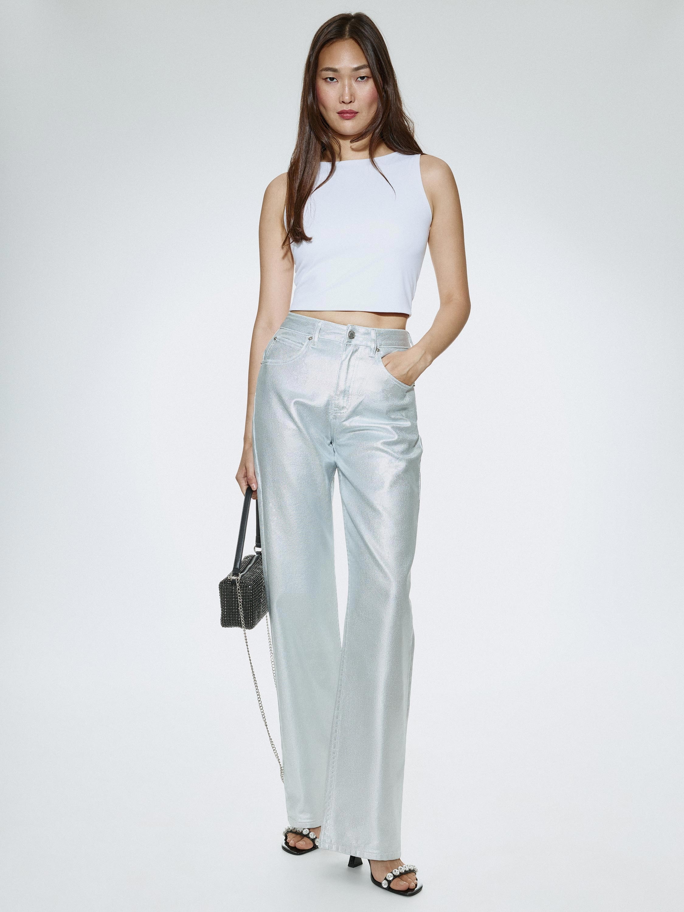 Джинсы wide leg с эффектом металлик цвет: серебро, артикул: 4812011450 –  купить в интернет-магазине SELA