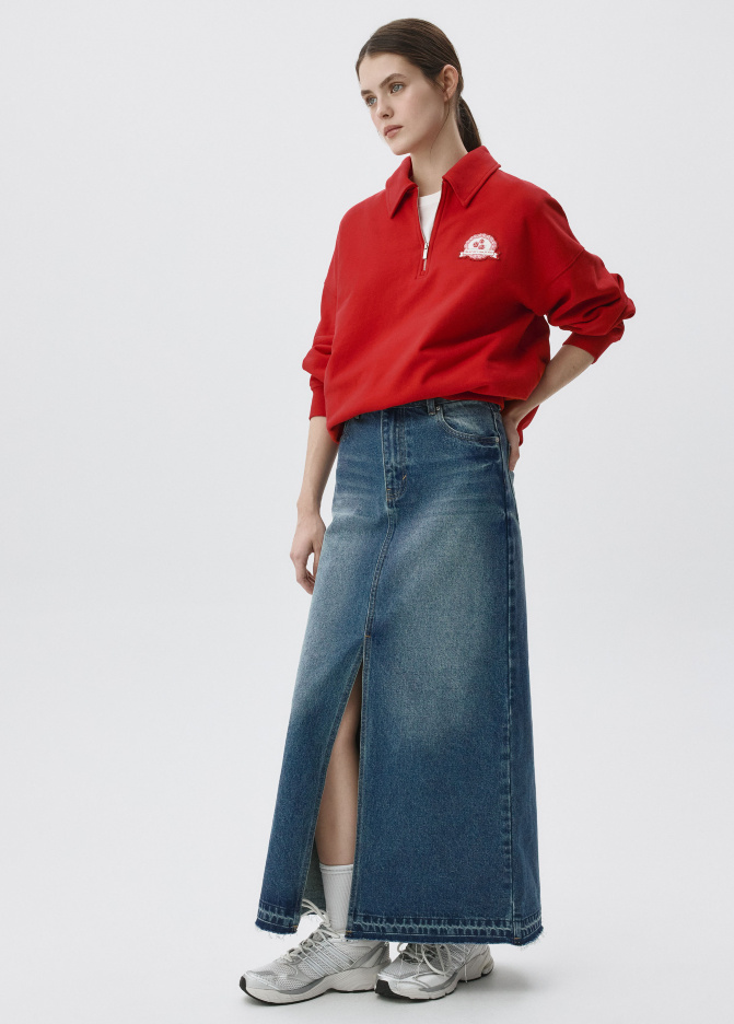 Джинсовая юбка макси с разрезом