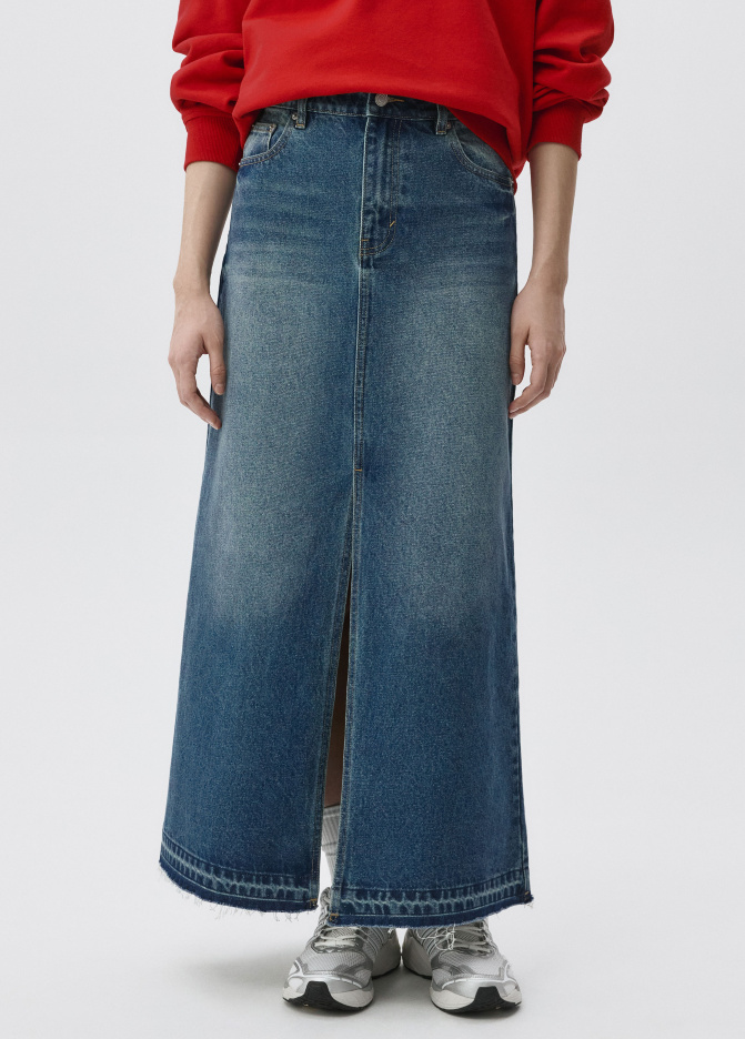 Джинсовая юбка макси с разрезом