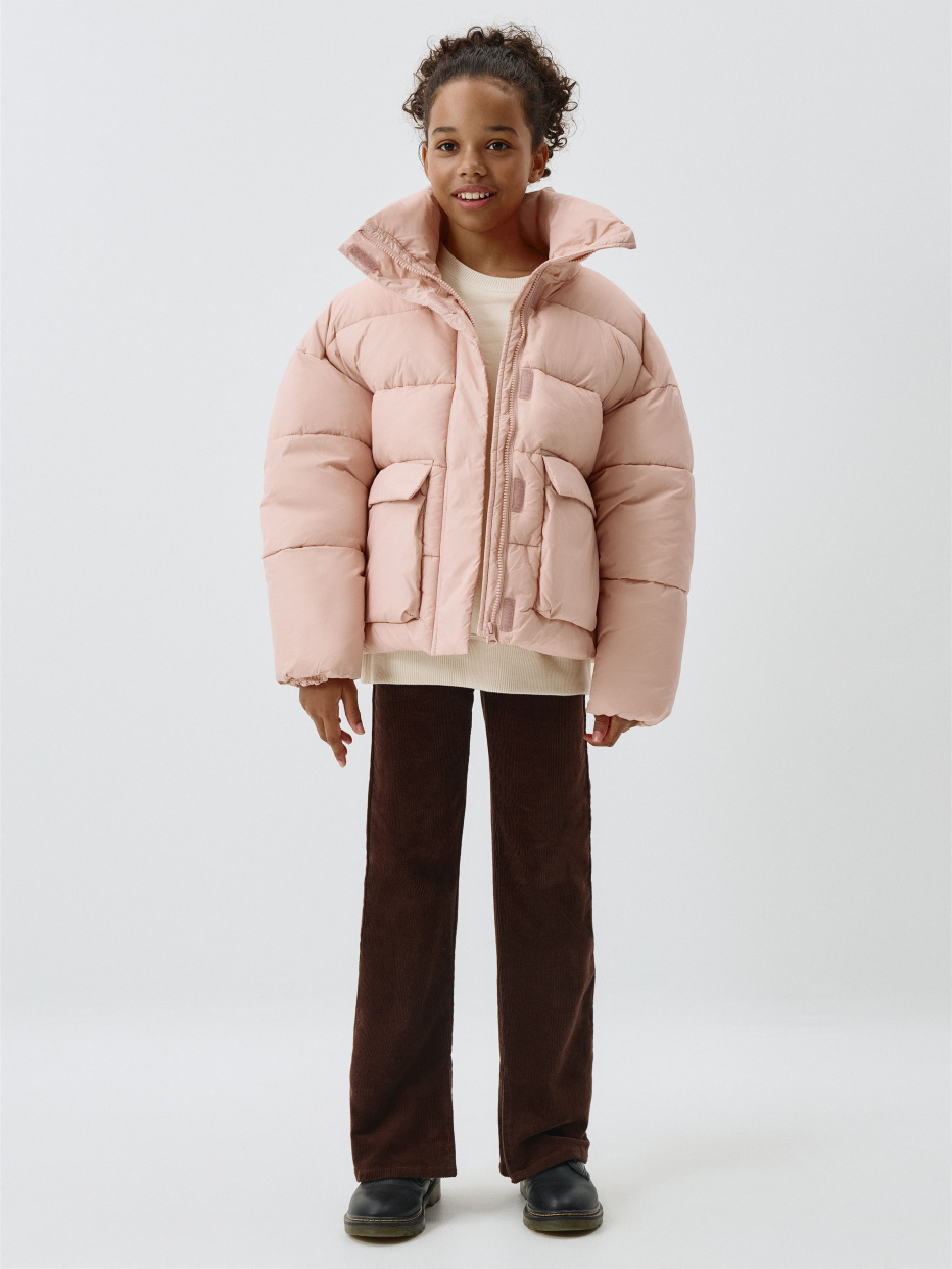 Дутая куртка с воротником для девочек цвет: дымчатый розовый, артикул ...