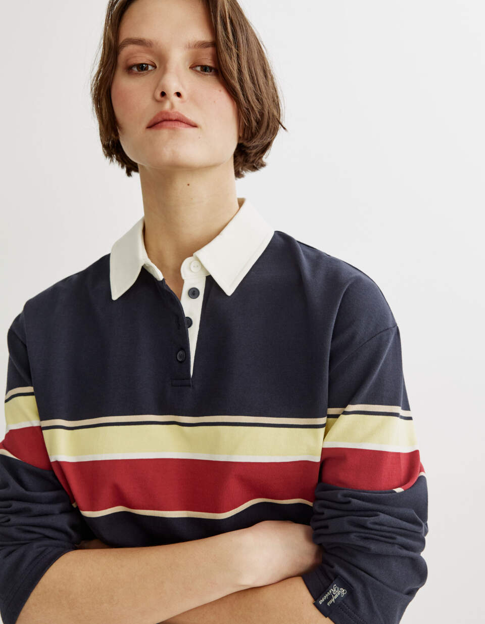 Трикотажный лонгслив-поло оверсайз в полоску