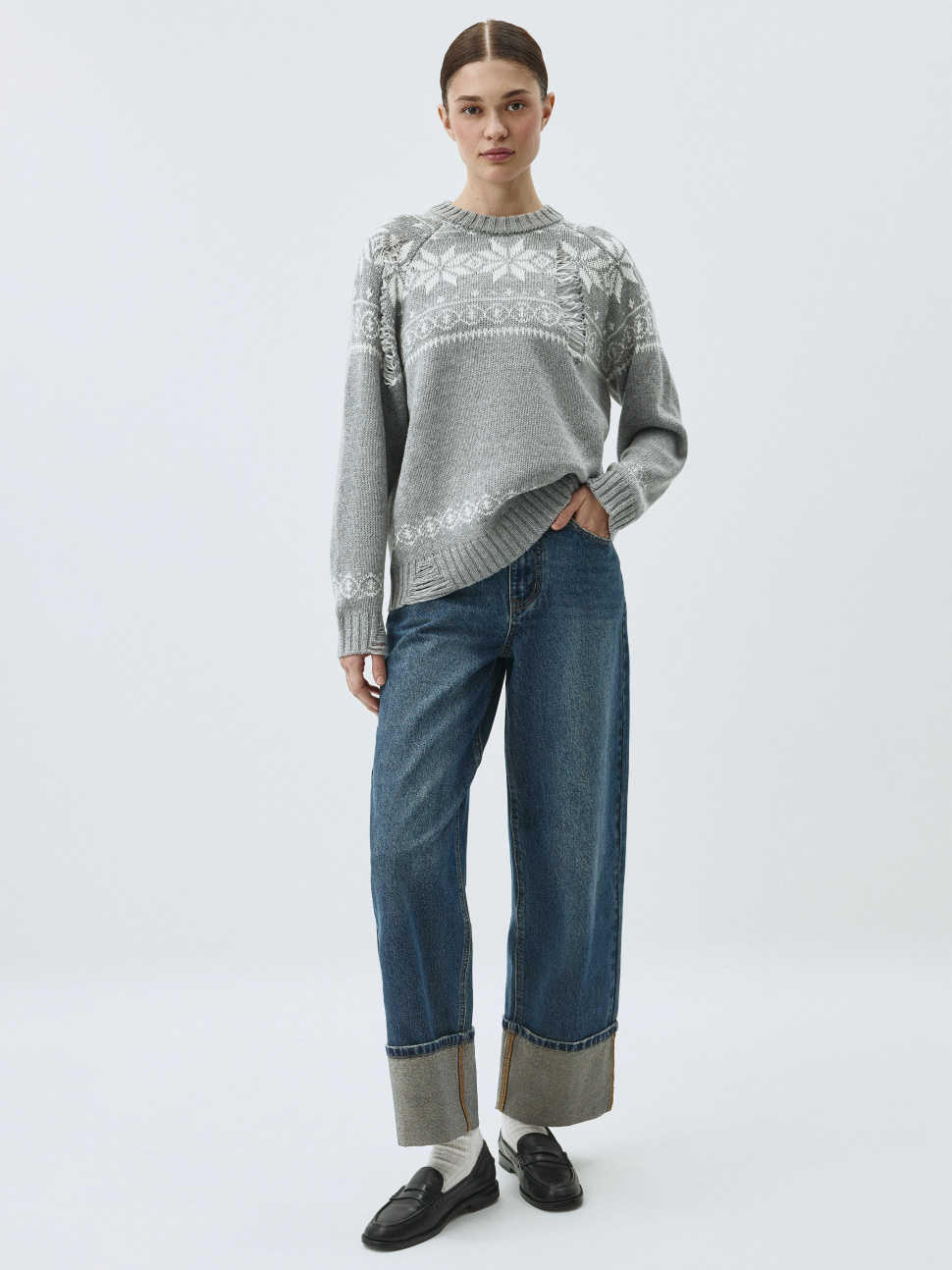 Джинсы slouchy с подворотами цвет: темный индиго, артикул