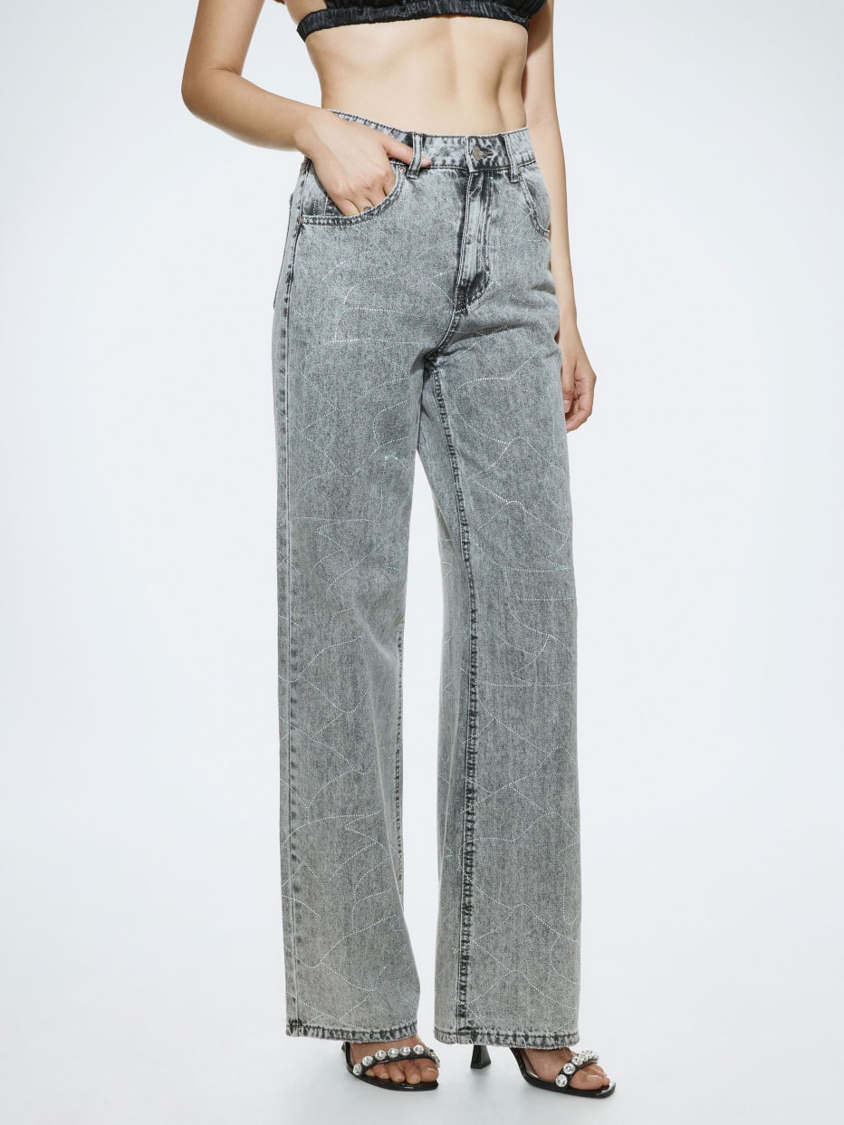 Джинсы Wide Leg с узором из страз, фото - 4